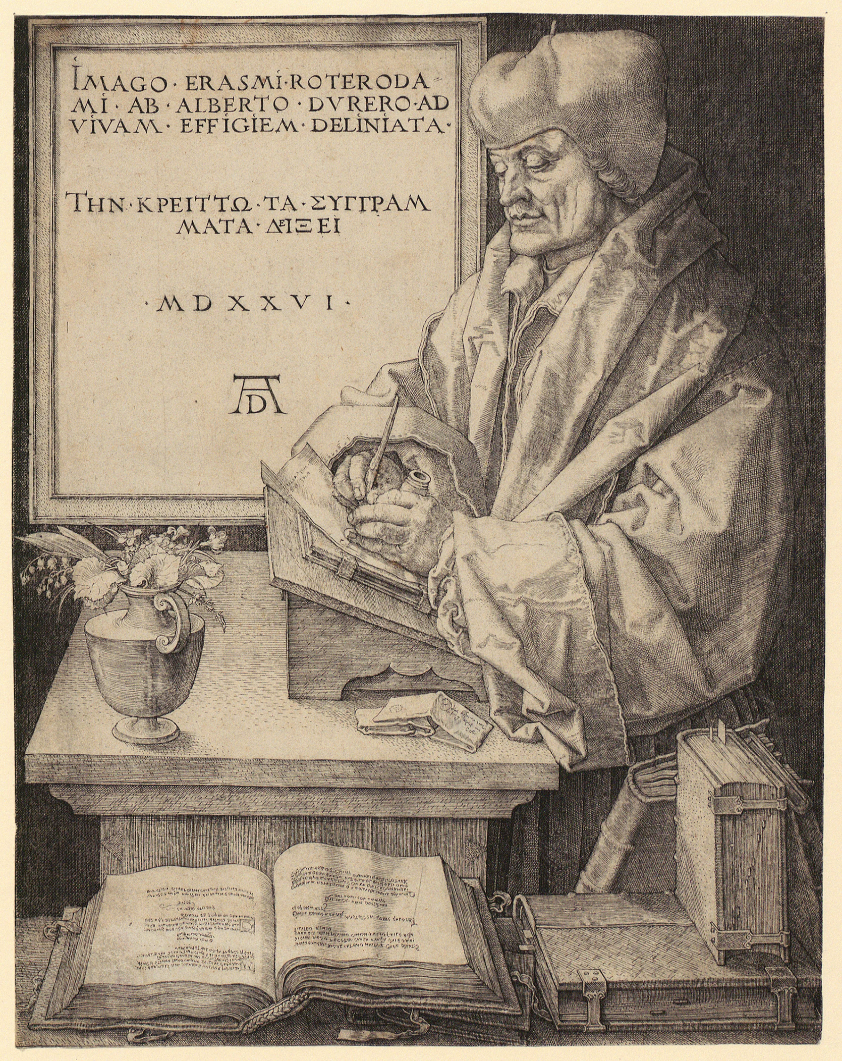 Albrecht Dürer (1471–1528), Porträt von Erasmus von Rotterdam, Nürnberg (Vorstudie dazu entstand in Brüssel), 1526. Kupferstich, 24,7 x 19,2 cm. Graphische Sammlung ETH Zürich, Inv.-Nr. 12877.