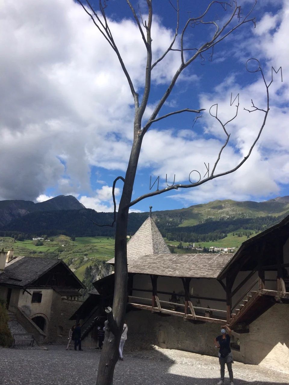 Im Schlosshof Tarasp, Baumskulptur von Ko Un