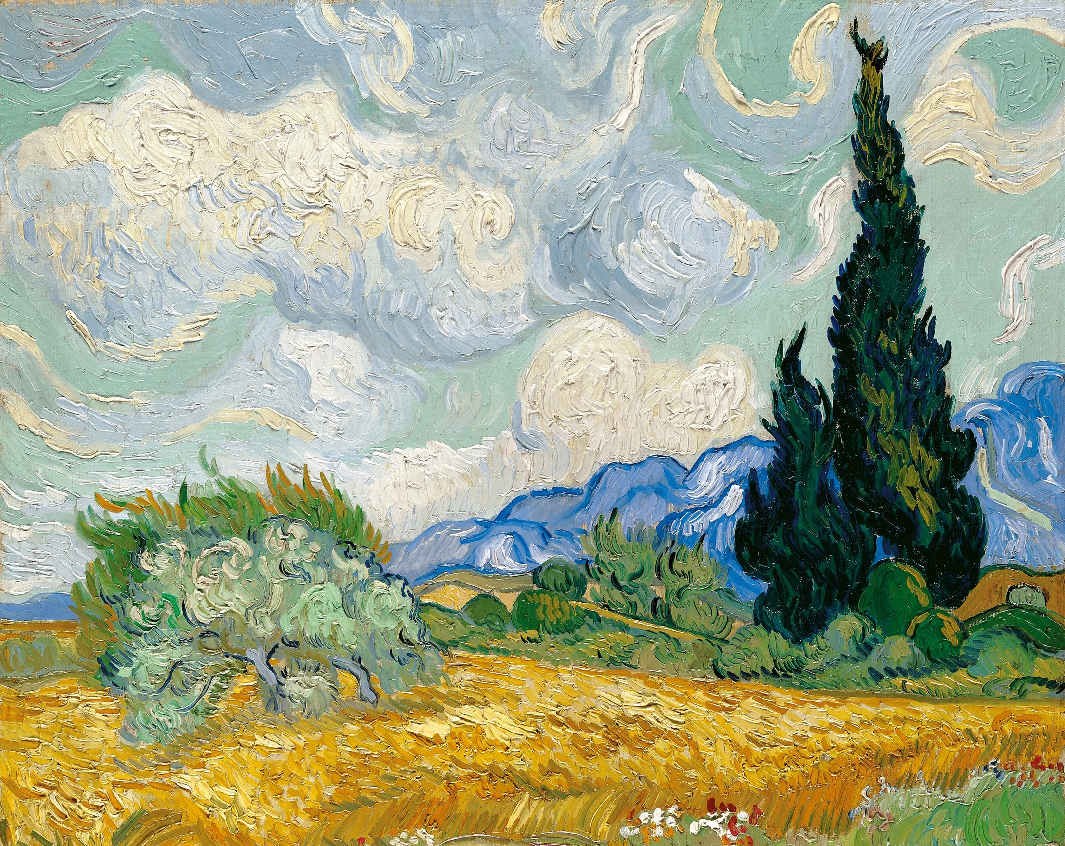 Van Gogh: Zypresse und blühender Baum 