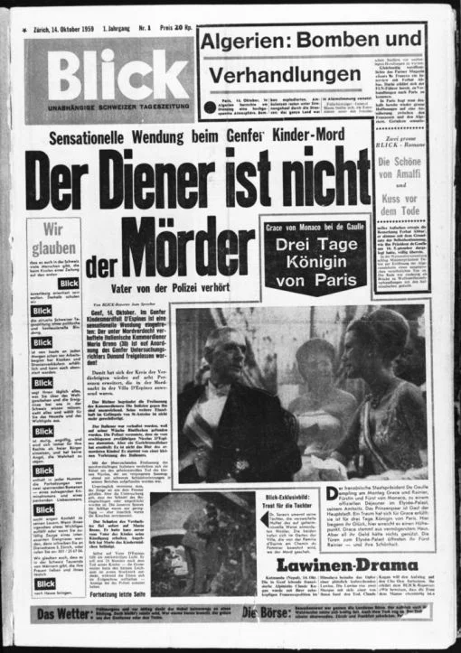 Die Titelseite der ersten Ausgabe des Blicks vom 14. Oktober 1959. (Foto: Keystone/Str)
