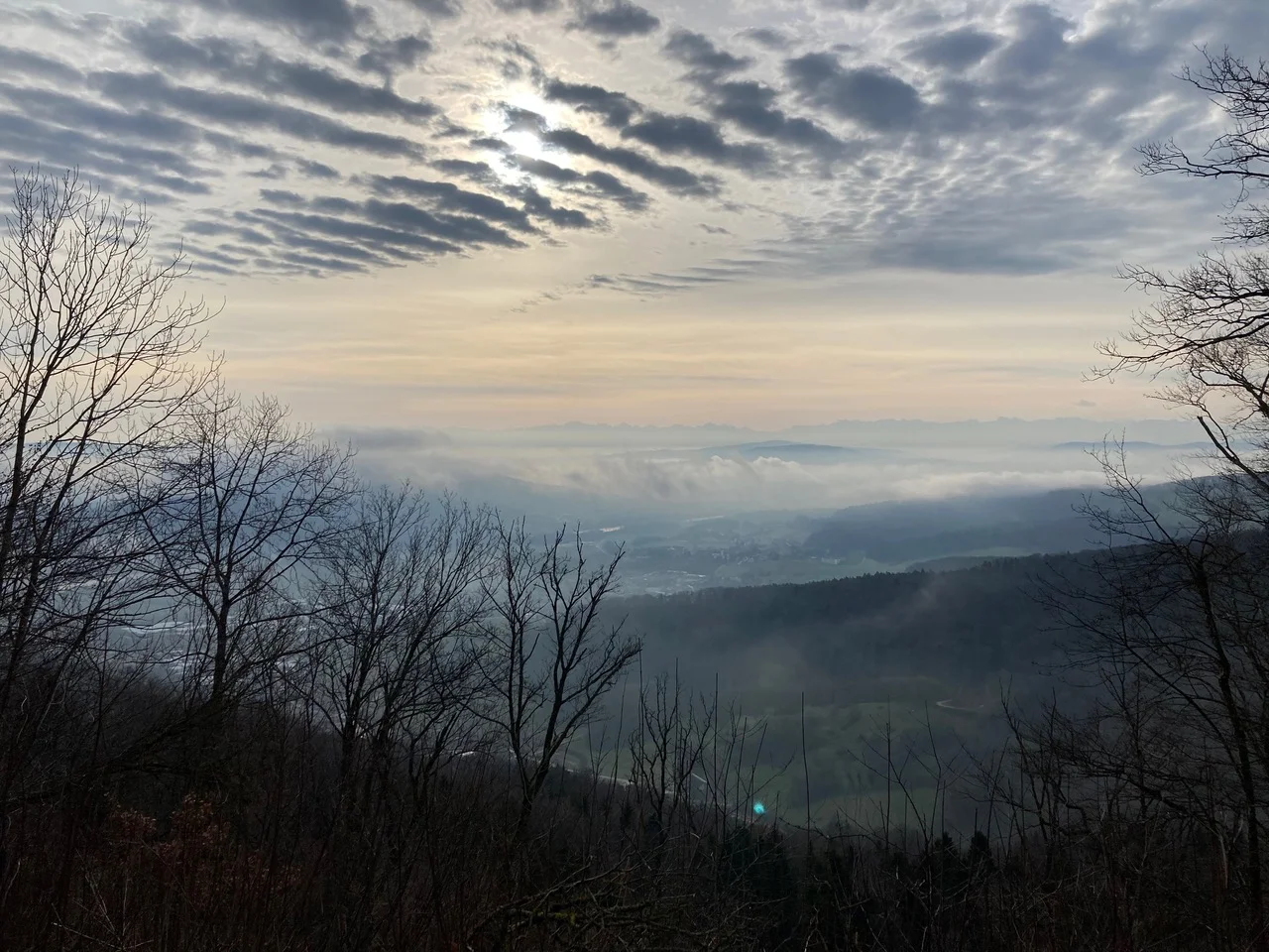 Blick vom Linnerberg ins Aaretal. Vor dem glitzernden Band der Aare sieht man Schinznach Dorf. Die Habsburg liegt weiter links ausserhalb des Bildes.