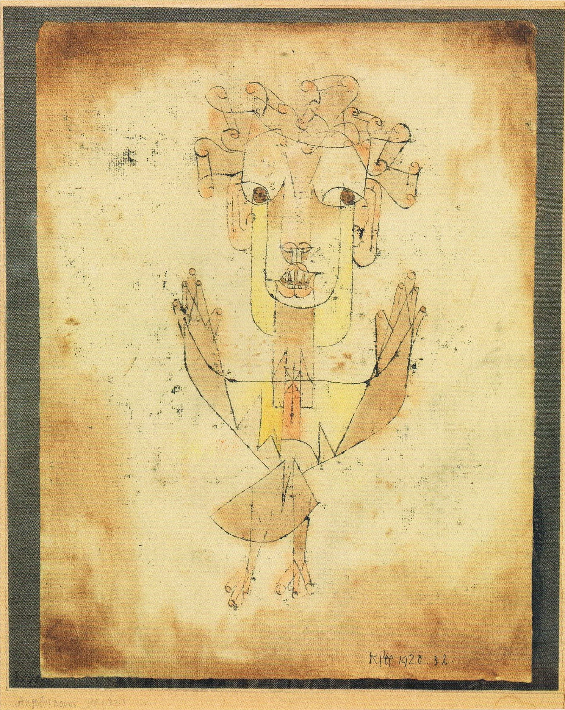 Angelus novum, 1920, einer frühen Engel von Paul Klee. Ölpause und Aquarell auf Papier und Karton, 32,8 cm x 24,2 cm. The Israel Museum, Jerusalem. Schenkung John und Paul Herring, Jo Carole und Ronald Lauder, Fania und Gershom Scholem.