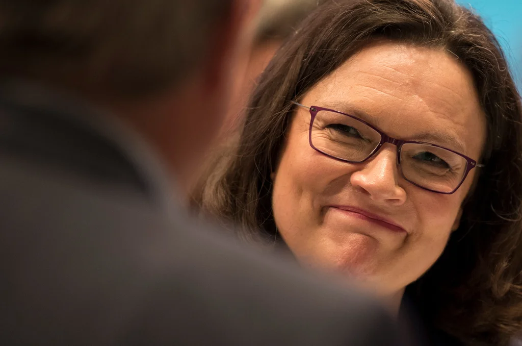 Andrea Nahles am Sonntagmittag in Wiesbaden (Foto: Keystone/dpa/Boris Roessler)