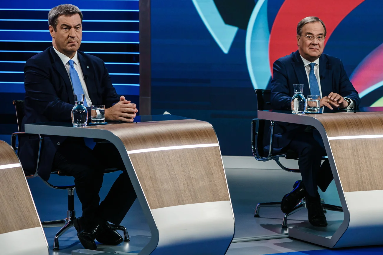 Markus Söder, Armin Laschet bei einem TV-Auftritt am Donnerstagabend (Foto: Keystone/EPA/Clemens Bilan)