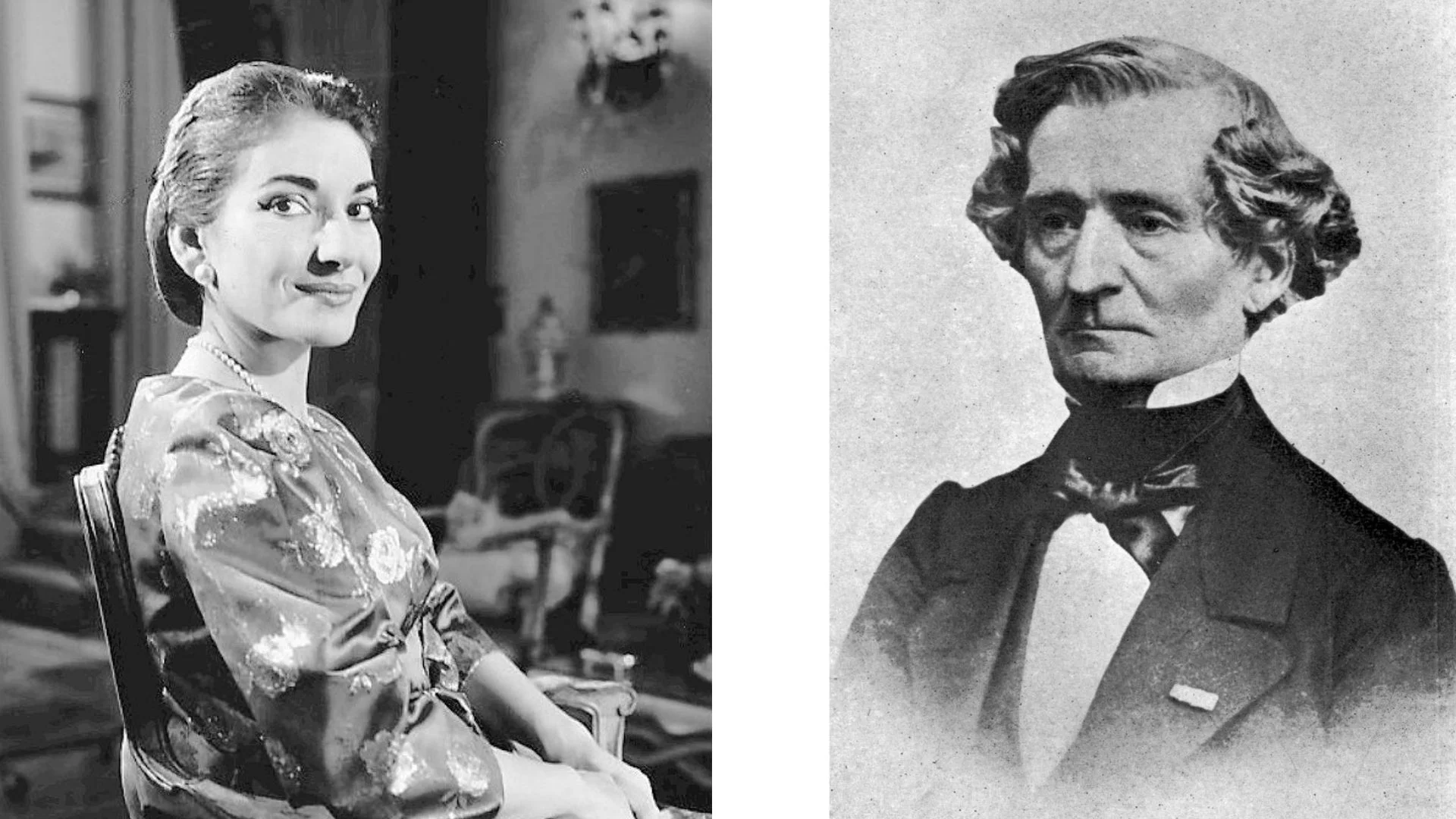 Maria Callas 1958 (CBS Television) und Hector Berlioz, Fotografie aus den frühen 1860er-Jahren (Charles Reutlinger, Published in Camille Saint-Saens: Musical Memories, Small, Maynard & Co, Boston 1919)