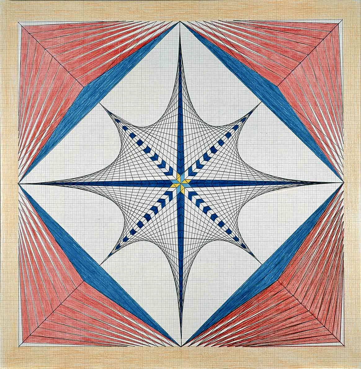 Emma Kunz: Werk Nr. 109, undatiert. Bleistift und Farbstift auf blauem Millimeterpapier, 99 x 97 cm. Aargauer Kunsthaus Aarau. © Emma Kunz Stiftung.