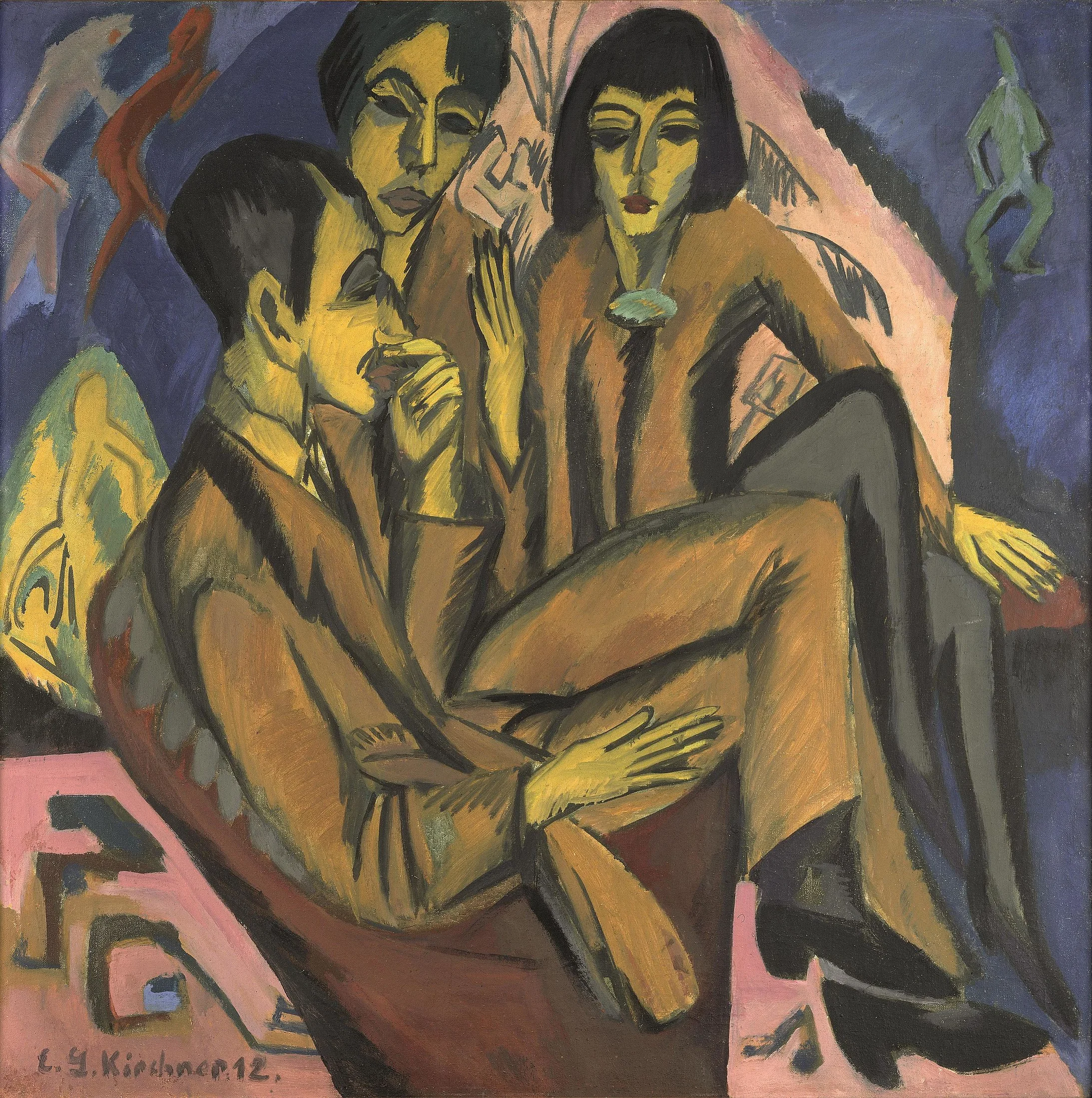 Ernst Ludwig Kirchner: Künstlergruppe (Unterhaltung der Künstler), 1913 (datiert 1912), Öl auf Leinwand, 95 x 95,5 cm, Courtesy of Osthaus Museum Hagen & Institut für Kulturaustausch, Tübingen; Foto: Achim Kukulies, Düsseldorf