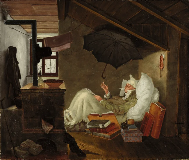 Carl Spitzweg: Der arme Poet, 1838, Öl auf Leinwand, 37.9 x 45 cm, Privatbesitz