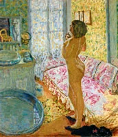 Pierre Bonnard
Le Cabinet de toilette au canapé rose (Nu à contre-jour), 1908
Das Toilettenzimmer mit rosafarbenem Kanapee (Weiblicher Akt im Gegenlicht)
Öl auf Leinwand, 124,5 × 108 cm
Musées royaux des Beaux-Arts de Belgique, Brüssel
Foto: © Musées royaux des Beaux-Arts de Belgique,
Brüssel / J. Geleyns / www.roscan.be
© 2012, ProLitteris, Zürich