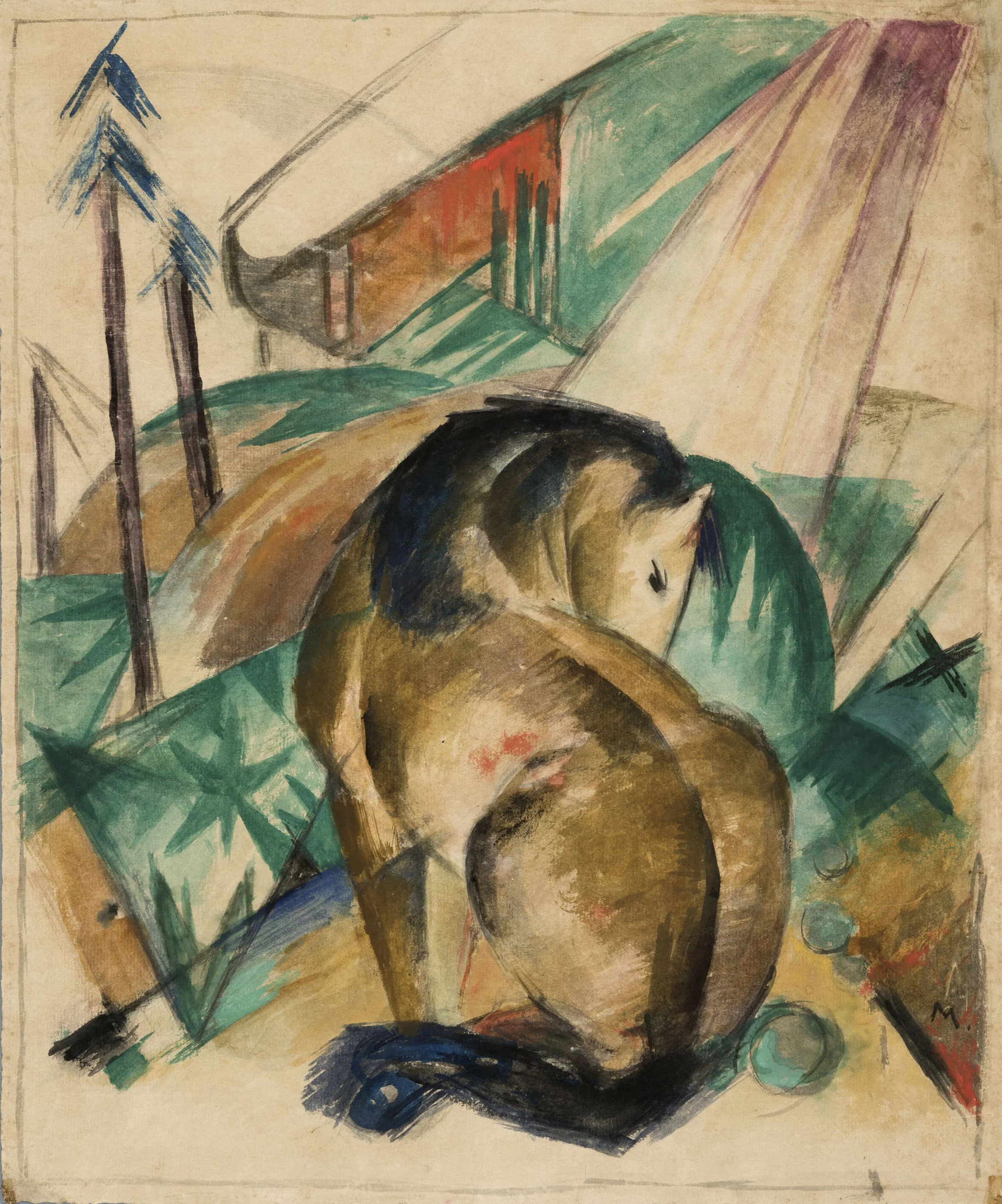 Franz Marc
Sitzendes Pferd. 1912
Aquarell und Graphit auf geripptem Büttenpapier, © Kunstmuseum Bern, Legat Cornelius Gurlitt 2014. Provenienz in Abklärung /aktuell kein Raubkunstverdacht