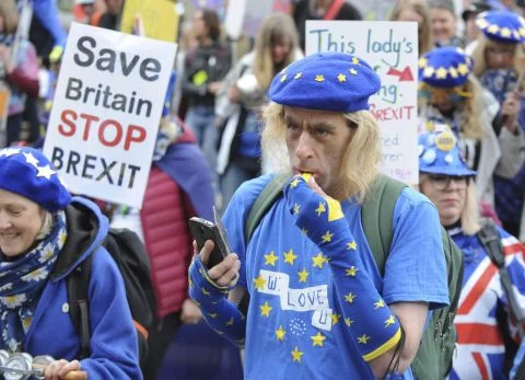 Der gestern begonnene viertägige Parteitag der Konservativen in Birmingham zeigt die ganze Zerrissenheit der Partei. Der ehemalige Aussenminister Boris Johnson hat Theresa May in einem Boulevardblatt vorab schon mal „den Krieg“ erklärt, weil sie ihm nicht tough genug ist. Sie leide unter „geistiger Verwirrung“. Vor den Toren des Kongresszentrums sammelten sich, wie hier am Sonntag, Brexit-Gegner. (Foto: Keystone/AP/Rui Vieira)