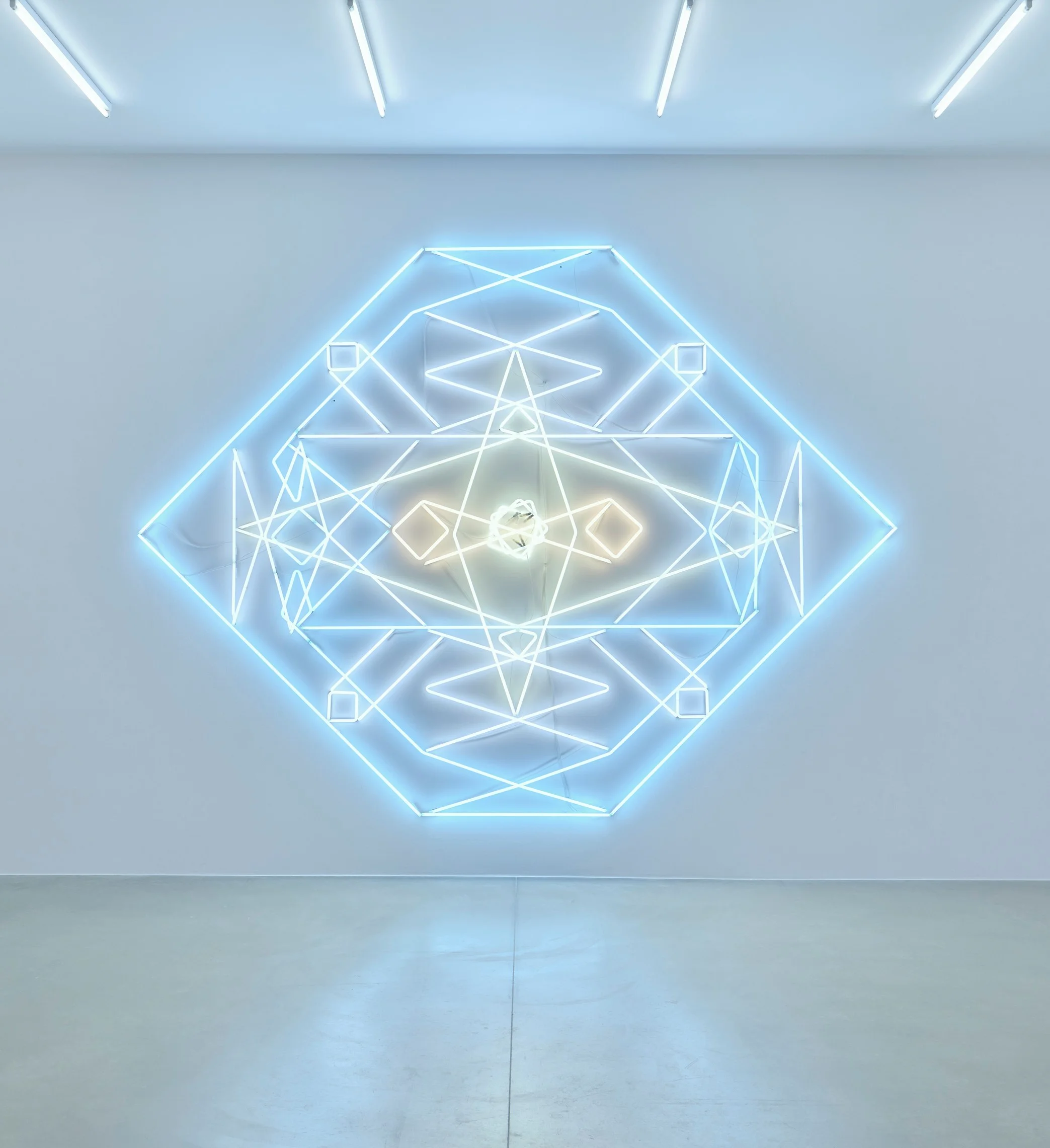 Mai­-Thu Perret: Untitled (after no. 067), 2020. Neonröhren, ø 15 mm, 6 Transformatoren
350 × 470 cm. Courtesy of the artist and Galerie Francesca Pia, Zürich.