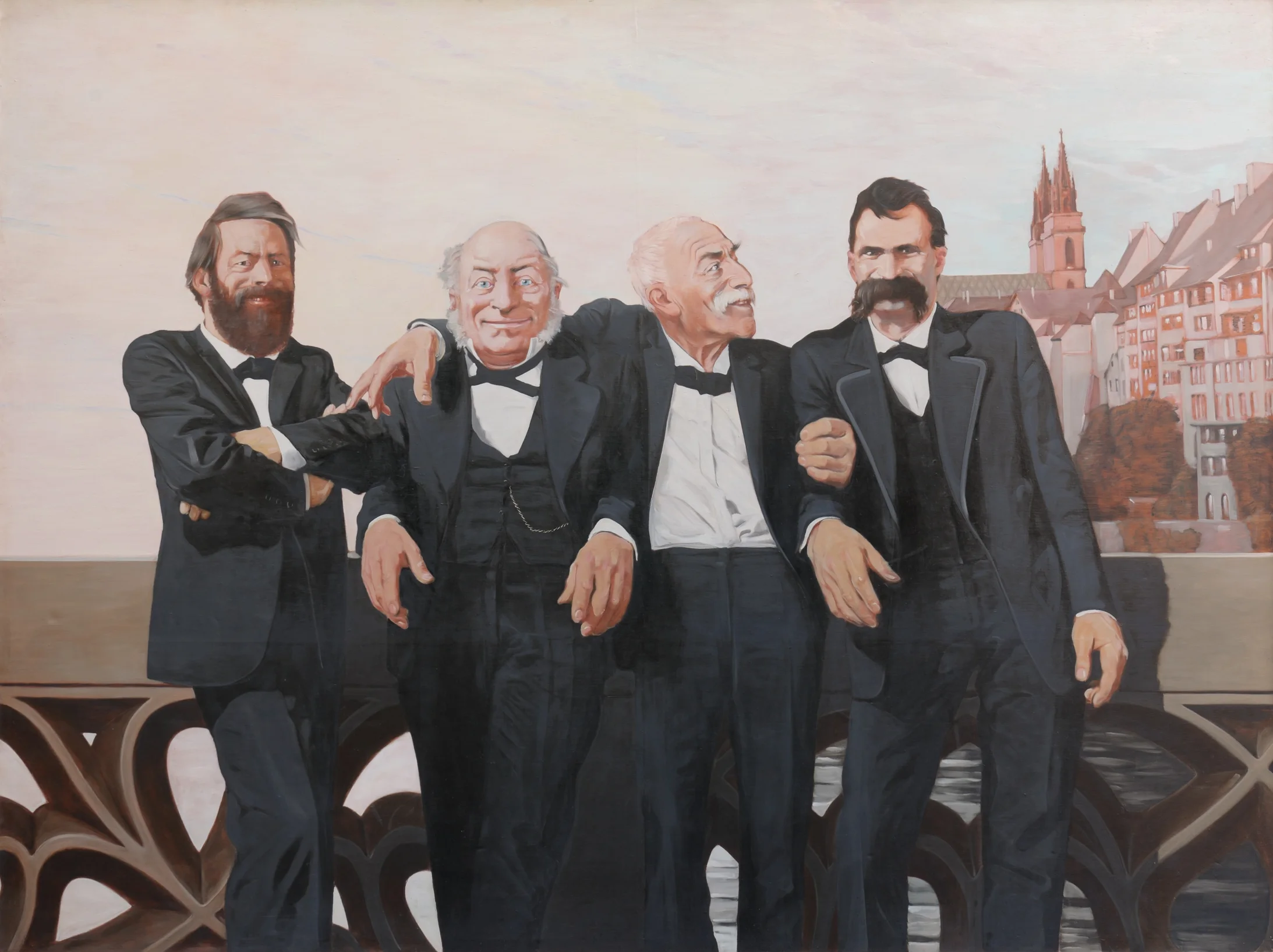 Johannes Grützke: Böcklin, Bachofen, Burckhardt und Nietzsche auf der mittleren Brücke, 1970, 140x250 cm, © Von Bartha Collection, ProLitteris Zürich