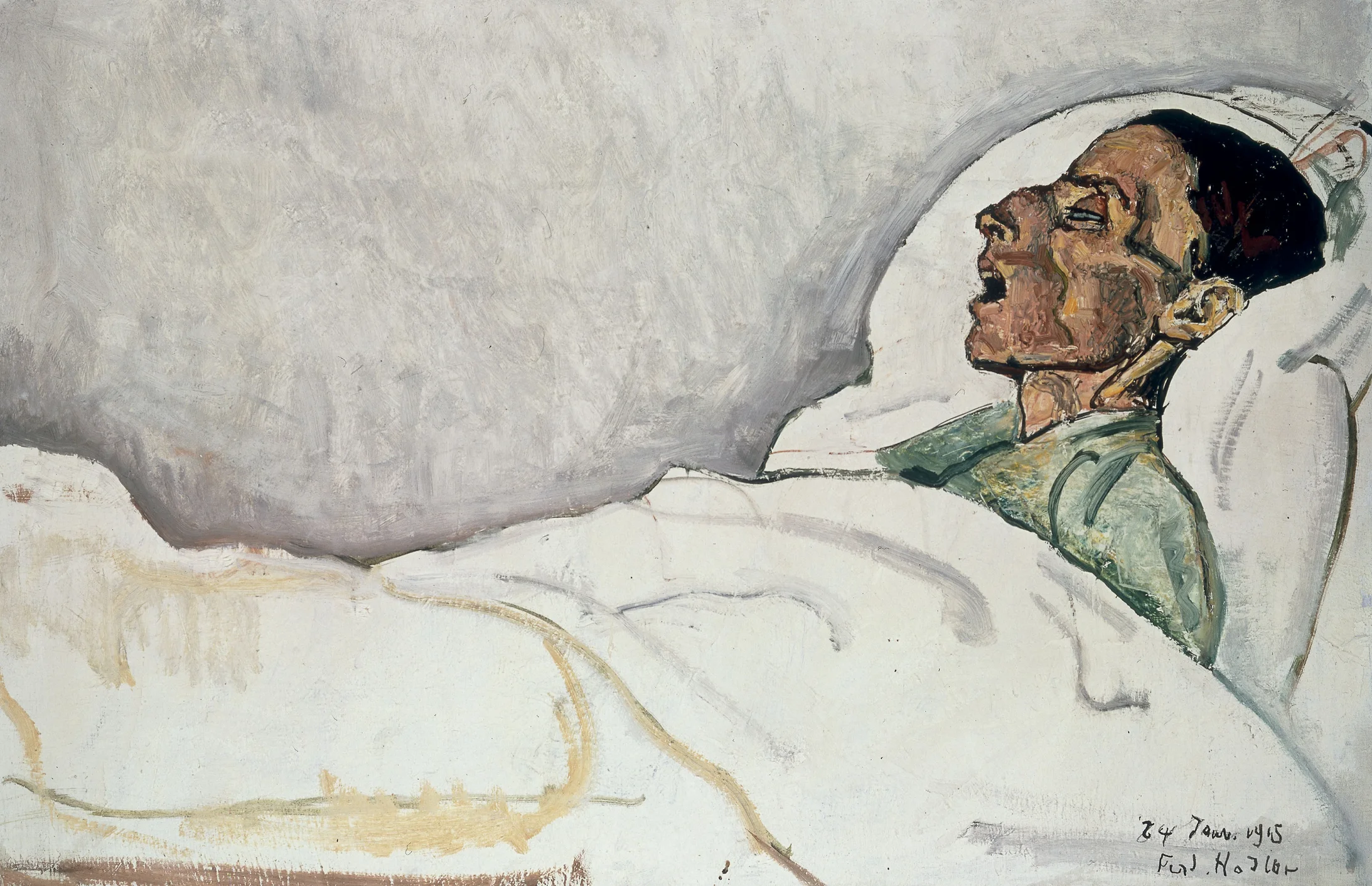 Hodler, Ferdinand 1853-1918."Die Sterbende", 24. Januar 1915. (Valentine Godé-Darel, 1873-1915, ab 1908 Hodlers Geliebte, auf dem Sterbebett)..Öl auf Leinwand, 60,5 × 90,5 cm. Inv. Nr. 1855.Basel, Kunstmuseum. (KEYSTONE/akg-images/akg-images)