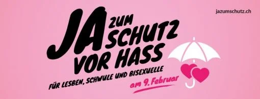 Diskriminierung, Hetze und Verunglimpfung von Schwulen, Lesben, Bisexuellen und Transsexuellen können künftig auf rechtlichem Weg bekämpft werden. 63,1 Prozent der Schweizerinnen und Schweizer heissen eine entsprechende Vorlage gut. Artikel 261bis des Strafgesetzbuchs, der jede Form von Rassendiskriminierung unter Strafe stellt, wird ausgeweitet. So wird in Zukunft auch bestraft, wer öffentlich zu Hass oder Diskriminierung gegen Personen wegen ihrer sexuellen Orientierung aufruft. (Foto: jazumschutz.ch)