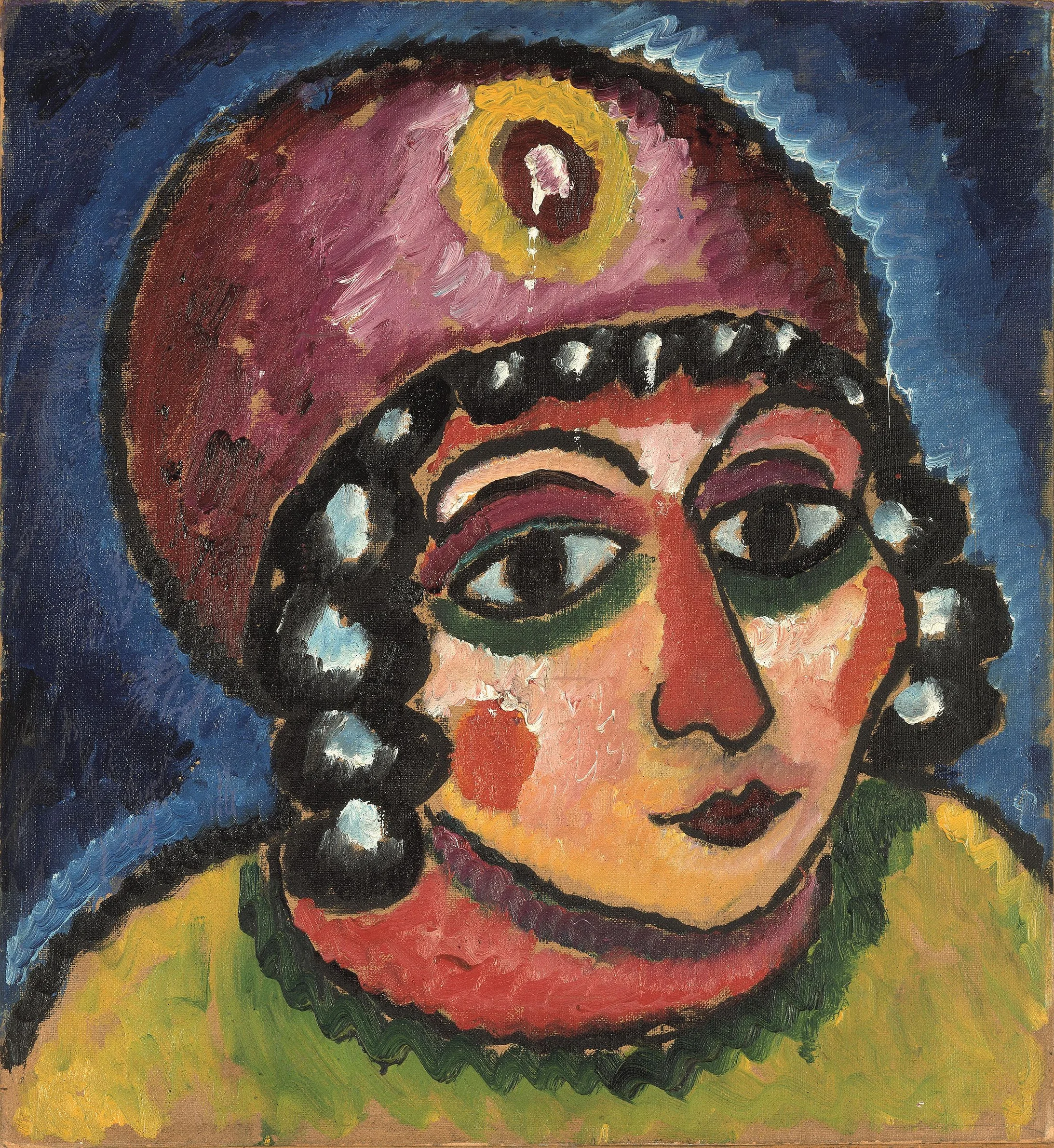 Alexej von Jawlensky: Mädchenkopf mit rotem Turban und gelber Agraffe (Barbarenfürstin), um 1912, Öl auf Hartfaser, 55 x 51 cm, Courtesy of Osthaus Museum Hagen & Institut für Kulturaustausch, Tübingen; Foto: Achim Kukulies, Düsseldorf