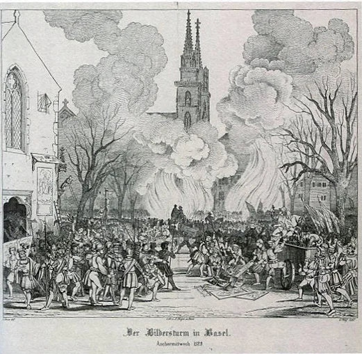 Der Bildersturm in Basel, Lithographie Johann Karl August Hegars nach einer Darstellung von Constantin Guise, 1. Hälfte 19. Jhd. © Staatsarchiv Basel-Stadt, Abb. aus dem besprochenen Band