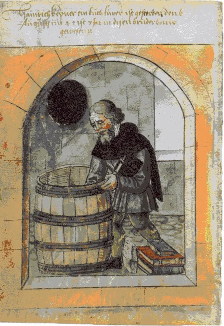 Ein Buchführer, der fahrende Vorgänger des Buchhändlers, vor seinem noch leeren Bücherfass. Kolorierte Federzeichnung aus dem Hausbuch der Landauer´schen Zwölfbrüderstiftung, 1543, © Staatsbibliothek Nürnberg, Abb. aus dem besprochenen Band