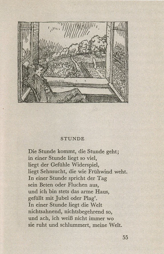 1944 erscheint in der Sammlung Klosterberg neben Robert Walsers Aphorismen auch die Neuauflage von seinen Gedichten, die zuerst 1909 in einer Auflage von 300 Stück veröffentlicht worden sind. Die Radierung stammt von Karl Walser. © Archiv Schwabe Verlag Basel