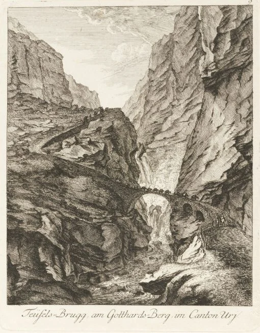 Das Bild stammt von Johann Jakob Keller und zeigt die Teufelsbrücke in der Schöllenenschlucht im Jahr 1775. Pflichtstoff jeder Primarschule ist die Sage, nach der es den Urnern nicht gelungen war, in der Schöllenen eine Brücke über die Reuss zu bauen. So wurde der Teufel gebeten, einen Übergang zu errichten. Der willigte sofort ein, unter der Bedingung, dass er die Seele des Ersten, der über die Brücke geht, behalten darf. Kurz danach stand das hölzerne Bauwerk und die schlauen Urner schickten einen Geissb…