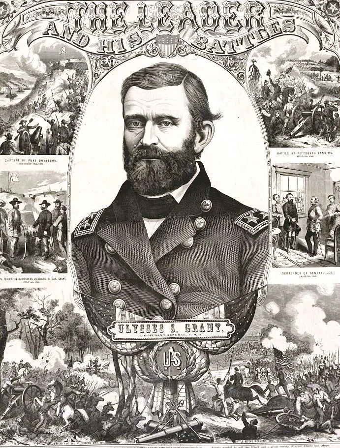 Ulysses S. Grant, Generalleutnant der nördlichen Unionstruppen. Nach den gewonnenne Schlachten bei Vicksburg und Gettysburg wird er von Präsident Lincoln  zum Oberbefehlshaber der nördlichen Streitkräfte ernannt. Grant hat wesentlichen Anteil am Sieg des Nordens. Publiziert von Harris & Lubrecht, Boston. Im Hintergrund sieht man Szenen aus den gewonnen Schlachten von Vicksburg und Appomattox.