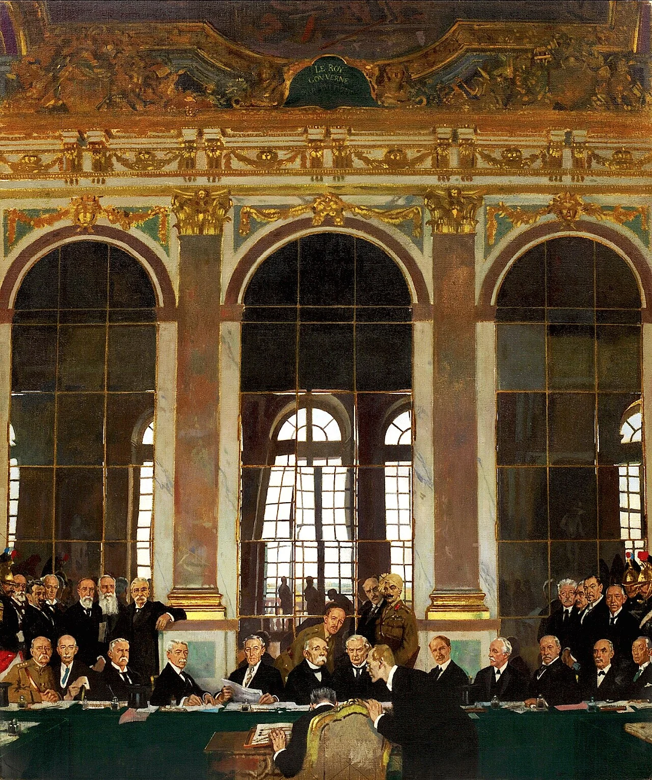 Im Spiegelsaal von Versailles unterschreibt Deutschland unter Druck und unter Protesten den Friedensvertrag von Versailles. Im Bild vorne: Der Deutsche Johannes Bell (Deutschland) unterzeichnend mit Hermann Müller (über ihn gebeugt) den Vertrag. In der Mitte (mit Schnauz) Georges Clemenceau (Frankreich), links von ihm der amerikanische Präsident Woodrow Wilson. Rechts von Clemenceau Lloyd Geroge. - Der Vertrag war am 18. Januar 1919 auf der Pariser Friedenskonferenz im Schloss Versailles geschlossen worden…