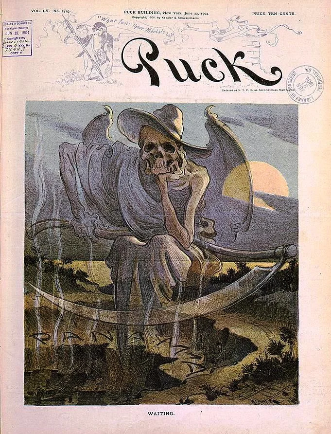 Auch jetzt sterben Arbeiter. Die Zeitschrift Puck erinnert am 22. Juni 1904 an ihr Schicksal.  „Waiting“, heisst die Karikatur. Der Tod wartet. Zwischen 1906 und 1914 kommen 5‘609 Arbeiter ums Leben (zwei pro Tag). Insgesamt also fordert der Bau des Kanals 28‘000 Tote.