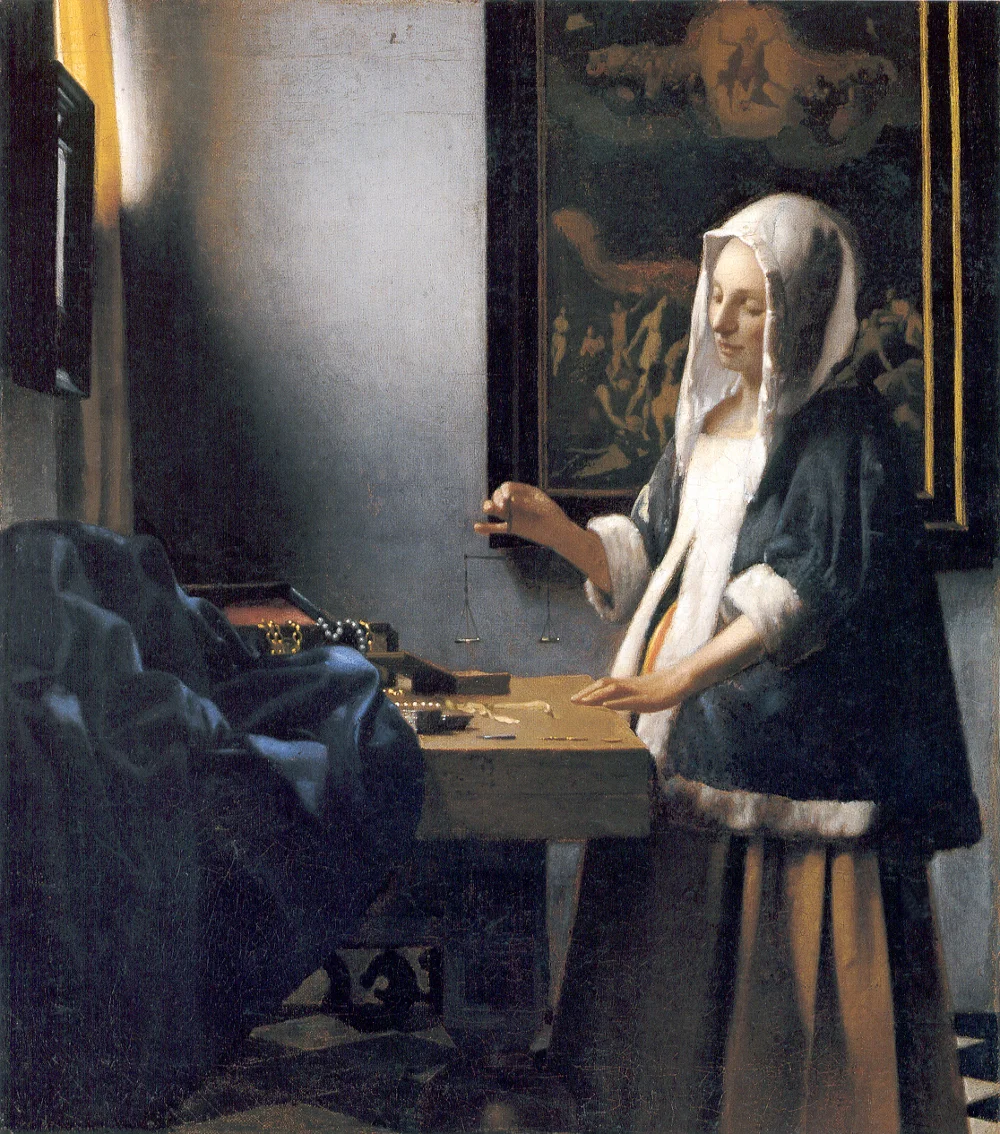 Jan Vermeer: Frau mit Waage (oder: Die Perlenwägerin, oder: Die Goldwägerin), 1662–1664, Öl auf Leinwand, 42,5 x 38 cm, National Gallery of Art, Washington D. C.